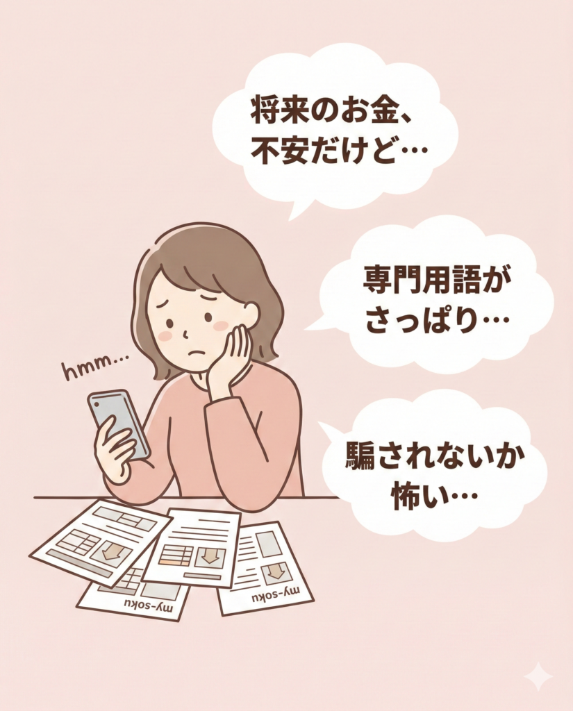 不動産投資の専門用語がわからず、騙されないか不安で悩んでいる初心者の女性のイラスト。